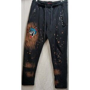 HTF! Vie + Riche Paris Mens Jogger Black Acid Wash Angry Blue Cat Embroidered XL
